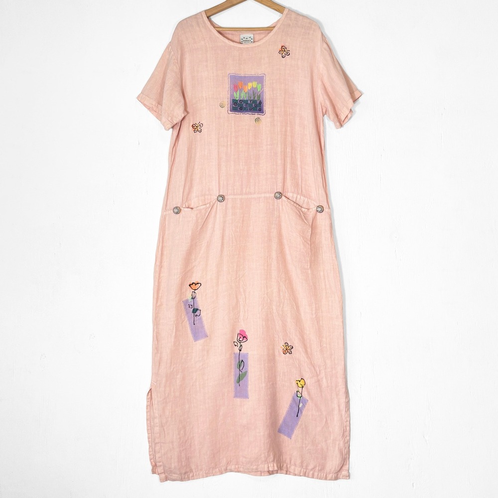 VTG 80s Donna 100% Linen Teacher Dress Size M Painted Design Pockets Artsy